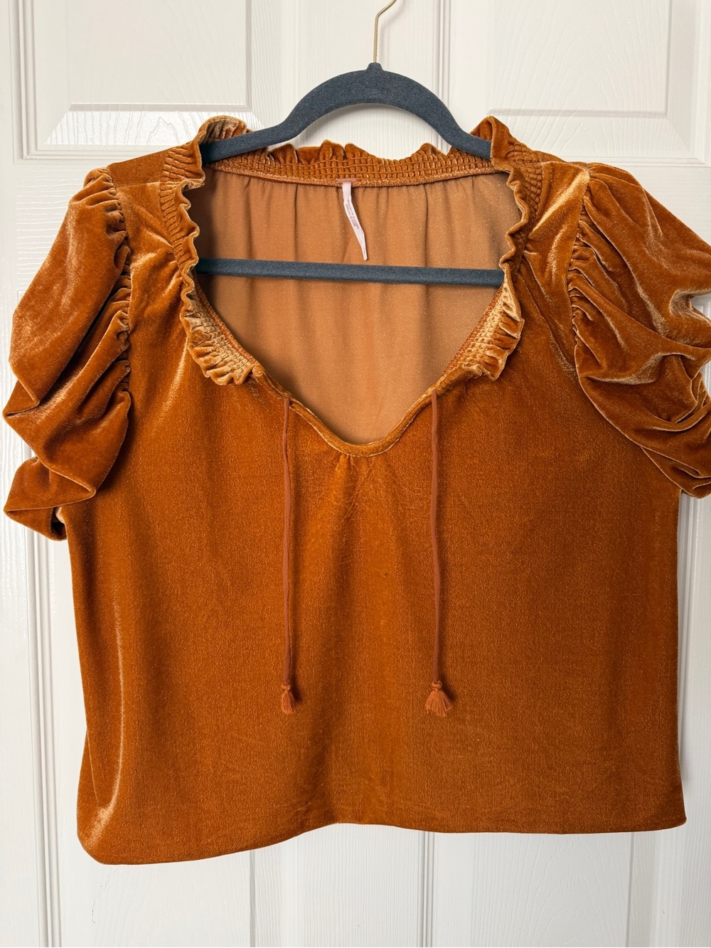 Free People Velvet Ruffle Tie-Front Blouse in Rust Orange